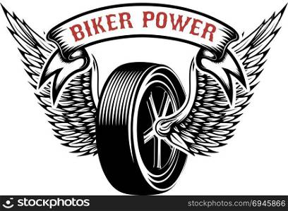 Biker power. Emblem with winged wheel. Design element for logo, label, emblem, sign. Vector illustration