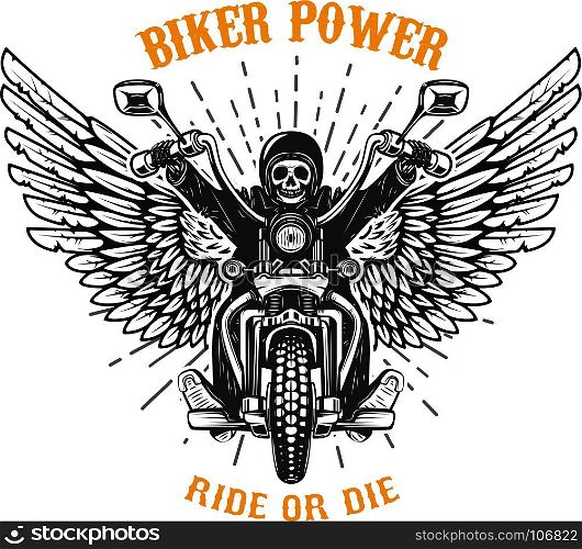 Biker power. Ride or die. Human skull on winged motorcycle. Design elements for poster, emblem, sign, logo, label, emblem. Vector illustration