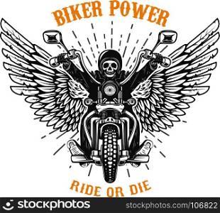 Biker power. Ride or die. Human skull on winged motorcycle. Design elements for poster, emblem, sign, logo, label, emblem. Vector illustration