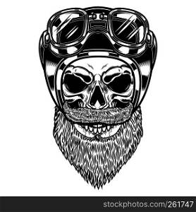 Biker skull in racer helmet in engraving style. Design element for logo, label, emblem, sign, poster, t shirt. Vector illustration