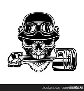 Biker skull with piston in teeth. Design element for logo, label, sign, emblem. Vector illustration