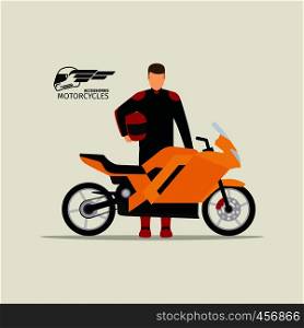 Biker standing with motorcycle in flat style with logotype silhouette, vector illustration. Biker standing with motorcycle