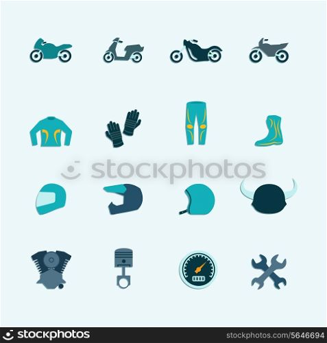 Biker street riding style accessories selection flat icons set with helmet jacket boots accessories isolated vector illustration
