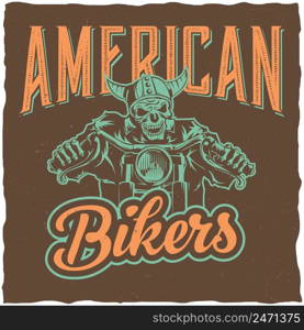 Biker t-shirt label design with illustration of skeleton riding on motorbike