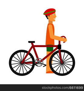 Biker with bicycle vector. Flat design. Man in sportswear and helmet standing with bicycle. Moving activity and healthy life. For sport concept. Sport competition. Isolated on white background