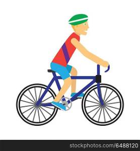 Biker with bicycle vector. Flat design. Summer fun. Man in sportswear and helmet riding on bicycle. Moving activity and healthy life. For sport concept. Sport competition. Isolated on white background. Biker with Bicycle Vector in Flat Design. Biker with Bicycle Vector in Flat Design