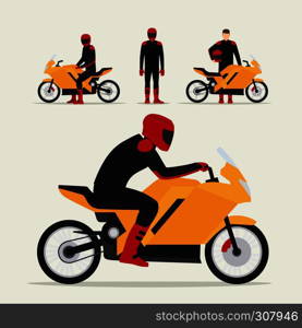 Biker with motorcycle in different poses flat vector illustration. Motorcyclist on motorbike. Biker with motorcycle