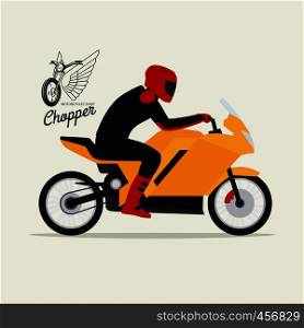 Biker with motorcycle in flat style with logotype silhouette, vector illustration. Biker with motorcycle and logotype