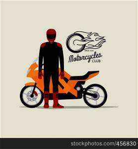 Biker with motorcycle in flat style with logotype silhouette, vector illustration. Biker with motorcycle in flat style