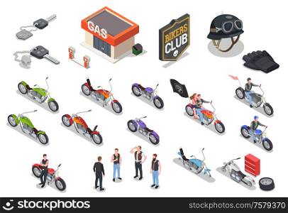 Bikers characters their accessories and different motorbikes models isometric icons set isolated on white background 3d vector illustration