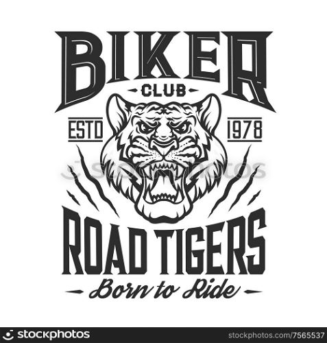 Bikers club emblem, tiger claw torn icon, custom motorcycle racers and motorbike racing. Vector Toad Tigers club grunge T-shirt print, chopper motorbike gang garage sign. Biker club road tigers, motor ride t-shirt emblem