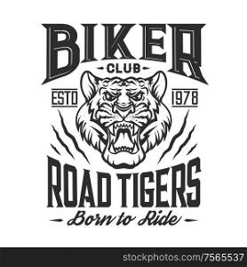 Bikers club emblem, tiger claw torn icon, custom motorcycle racers and motorbike racing. Vector Toad Tigers club grunge T-shirt print, chopper motorbike gang garage sign. Biker club road tigers, motor ride t-shirt emblem