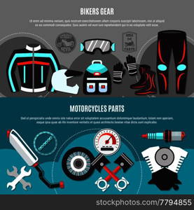 Bikers gear and bike spare parts horizontal banners with pistons exhaust muffler spark plug helmet glasses gloves costume boots elements flat vector illustration  . Bikers Gear Horizontal Banners 
