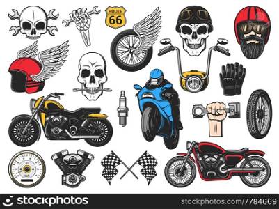 Bikers racing and motorcycle sport speedway icons of skull and chopper bike, vector. Biker custom motorcycle and garage service signs, engine speedometer and skull in racer helmet with crossed wrench. Motorcycle sport, bikes racing and speedway icons