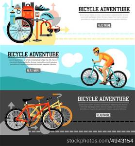 Biking Adventure Horizontal Banners. Biking adventure horizontal banners with bicycle set velocipede accessories and traveling biker at mountain landscape compositions vector illustration