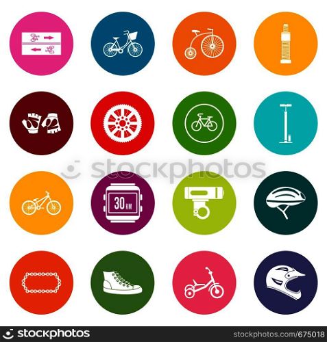 Biking icons many colors set isolated on white for digital marketing. Biking icons many colors set