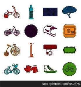 Biking icons set. Doodle illustration of vector icons isolated on white background for any web design. Biking icons doodle set