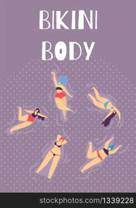 Bikini Body Lettering Flat Cartoon Banner Summer Party Invitation Woman Swimming in Pool, Ocean or Sea Relaxing Enjoying Vacation Happy Summertime Vector Illustration on Colored Backdrop. Bikini Body Woman Summer Party Flat Cartoon Banner