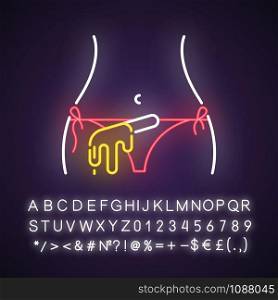 Bikini waxing neon light icon. Female hair removal procedure. Depilation with natural soft hot wax. Beauty treatment. Glowing sign with alphabet, numbers and symbols. Vector isolated illustration