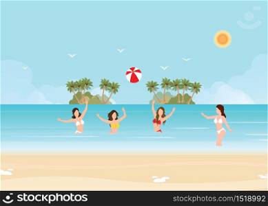 Bikini woman play volleyball in the sea and throw a ball standing in the water on tropical vacation. Holiday of freedom and happiness, vector illustration.