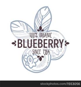 Bilberry organic food blueberry isolated icon with lettering forest berry vector natural product farm market grocery store and shop whortleberry harvest emblem or logo agriculture and cultivation. Blueberry or bilberry isolated icon with lettering forest berry