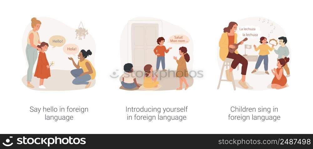 Bilingual immersion program in daycare isolated cartoon vector illustration set. Say hello in foreign language, introducing yourself, children sing and listen music, kindergarten vector cartoon.. Bilingual immersion program in daycare isolated cartoon vector illustration set.