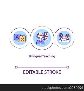 Bilingual teaching concept icon. Online learning idea thin line illustration. Professional online lessons. Contemporary education. Vector isolated outline RGB color drawing. Editable stroke. Bilingual teaching concept icon