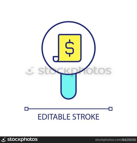 Bill analysis RGB color icon. Control of financial assets. Expenses and earnings inspection. Isolated vector illustration. Simple filled line drawing. Editable stroke. Arial font used. Bill analysis RGB color icon