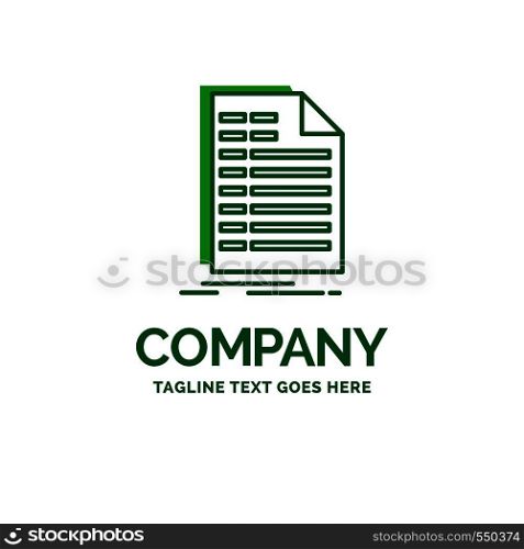 Bill, excel, file, invoice, statement Flat Business Logo template. Creative Green Brand Name Design.