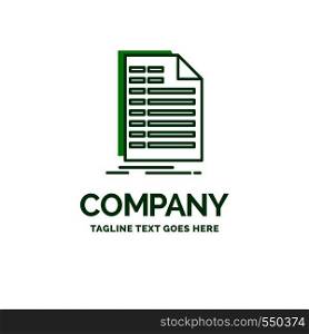 Bill, excel, file, invoice, statement Flat Business Logo template. Creative Green Brand Name Design.