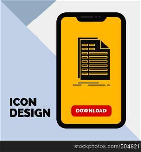 Bill, excel, file, invoice, statement Glyph Icon in Mobile for Download Page. Yellow Background. Vector EPS10 Abstract Template background