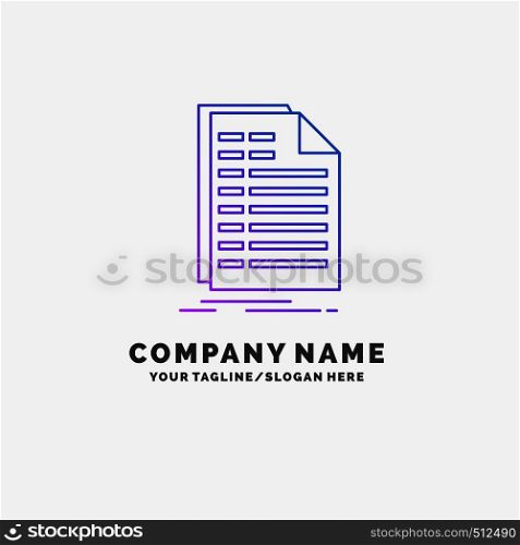 Bill, excel, file, invoice, statement Purple Business Logo Template. Place for Tagline. Vector EPS10 Abstract Template background