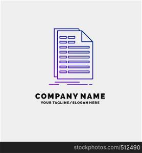 Bill, excel, file, invoice, statement Purple Business Logo Template. Place for Tagline. Vector EPS10 Abstract Template background