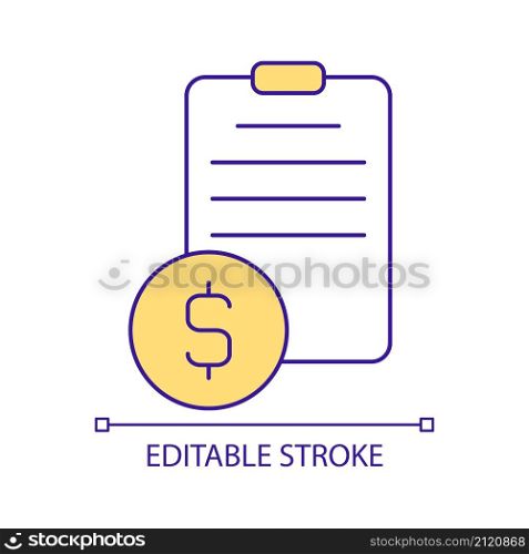 Bill for services and products RGB color icon. Customer payment document. Business and finance. Isolated vector illustration. Simple filled line drawing. Editable stroke. Arial font used. Bill for services and products RGB color icon