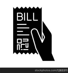 Bill of exchange black glyph icon. Printed cheque. Payment notice. Purchase confirmation, proof. Cashiers receipt, cash-memo. Shopping. Silhouette symbol on white space. Vector isolated illustration