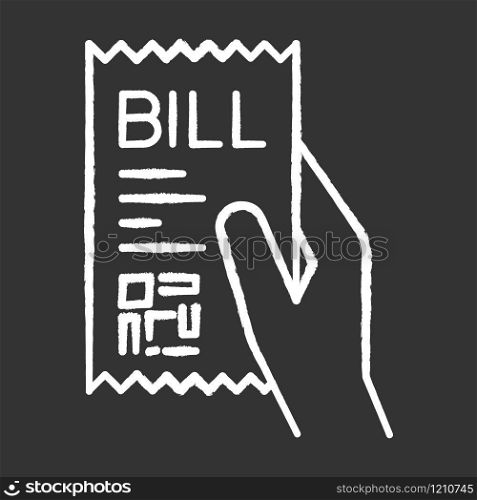 Bill of exchange chalk white icon on black background. Printed cheque. Payment notice. Purchase confirmation. Cashiers receipt, cash-memo. Purchased items list. Isolated vector chalkboard illustration