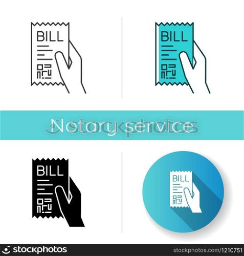 Bill of exchange icon. Printed cheque. Payment notice. Purchase confirmation, proof. Cashiers receipt, cash-memo. Shopping. Linear black and RGB color styles. Isolated vector illustrations