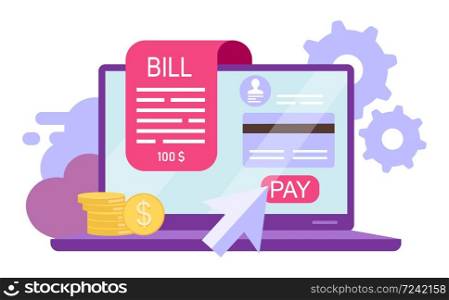 Bill pay flat vector illustration. Online payment, instant credit card transactions isolated cartoon concept on white background. Online receipt, invoice. Banking service. Epayment, ewallet account
