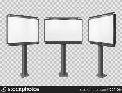 Billboard. Blank big advertisement construction mockup, different perspectives information board display, empty stand banner 3d vector isolated horizontal advertising set. Billboard. Blank big advertisement construction mockup, different perspectives information board display, empty stand banner 3d vector set