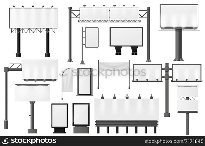 Billboard. Different advertising mockup, blank signage empty construction, outdoor street advertisements billboards display vector isolated realistic set. Billboard. Different advertising mockup, blank signage empty construction, outdoor street billboards display vector isolated realistic set