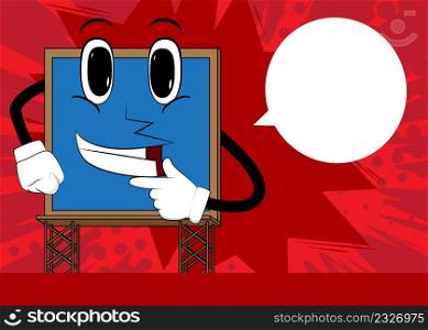 Billboard holding finger under his mouth, thinking. Cute cartoon advertisement sign, banner character.
