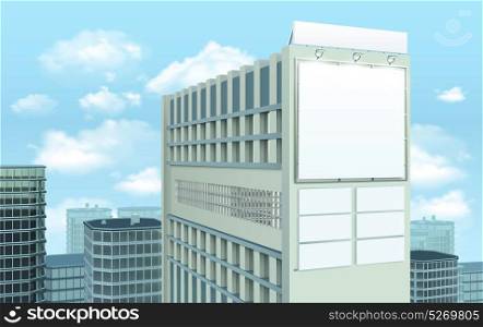 Billboard On Building Cityscape Composition. Colored realistic white billboard on stylish modern building cityscape composition with views of city buildings vector illustration