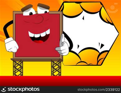 Billboard pointing at the viewer with his hand. Cute cartoon advertisement sign, banner character.