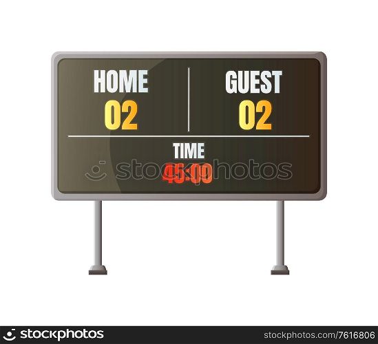 Billboard report with draw, time 45 and numbers of guest and home. Poster with tournament board, sport competition or match, game equipment vector. Rectangular Billboard, Report with Draw Vector