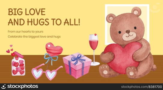 Billboard template with big love hug valentines day concept,watercolor style
