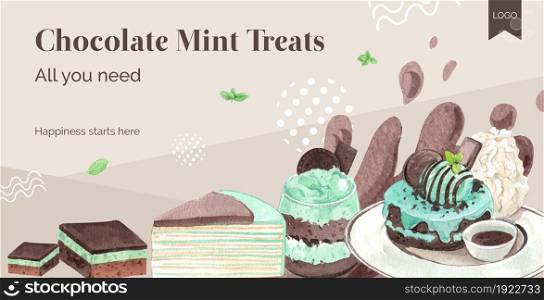 Billboard template with chocolate mint dessert concept,watercolor style