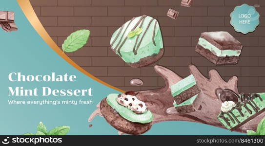 Billboard template with chocolate mint dessert concept,watercolor style 