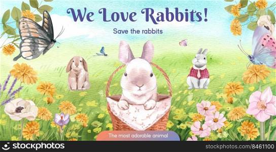 Billboard template with cute rabbit concept,watercolor style 