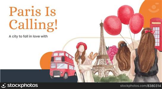 Billboard template with Eifel in Paris lover concept,watercolor style 