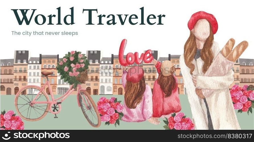Billboard template with Eifel in Paris lover concept,watercolor style
